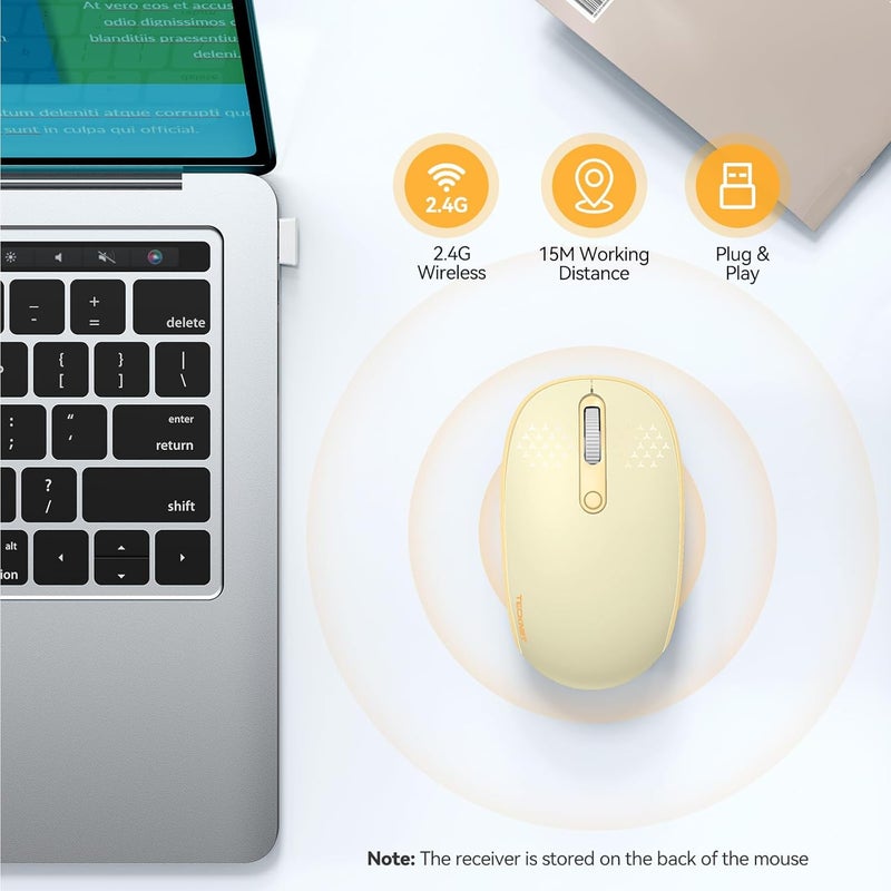 TECKNET Wireless Mouse, 2.4G Quiet Computer Mouse with USB Receiver, 4 Buttons Portable Cordless Mice for Chromebook, Laptop, PC, Mac, 800/1200/1600 DPI - Yellow - Image 2